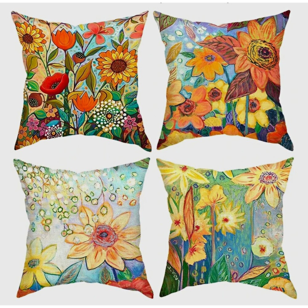 Set of 4 Sunflower Throw Pillow Covers 18" x 18" Floral Boho Couch Decor